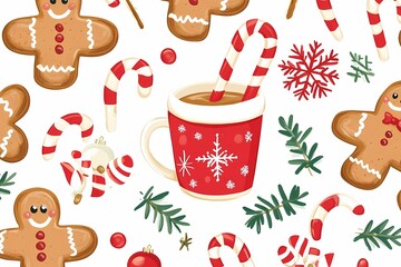 Vector illustration of Christmas gingerbread cookies and decorations, including gifts, candy, and festive symbols