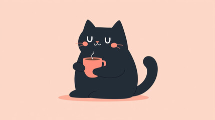 Cute Black Cartoon Cat Holding Coffee Mug with a Relaxed Expression on Pink Background with Copy Space