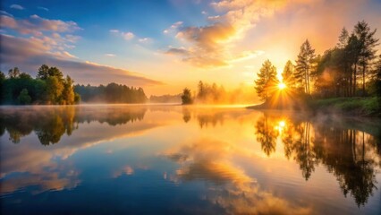 Obraz premium Symphony of mist and light over serene lake at sunrise , mist, light, symphony, sunrise, lake, peaceful, tranquil, nature