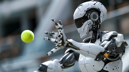 Fototapeta premium Robot Tennis Player Serving: An advanced robot in perfect form, serving a tennis ball with precision and power. 