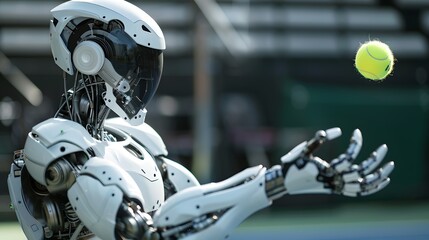 Fototapeta premium Robot Tennis Player Serving: An advanced robot in perfect form, serving a tennis ball with precision and power. 