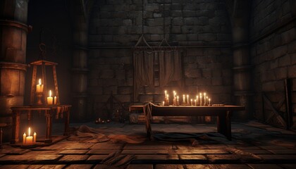 
A dark dungeon cell with a single long wooden table in the center, a door at its end, and iron bars on both sides.  