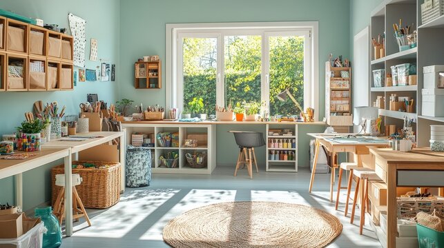 Discover the creativity of a craft room with ample workspace, organized supplies,