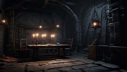 Fototapeta premium A dark dungeon cell with a single long wooden table in the center, a door at its end, and iron bars on both sides. 