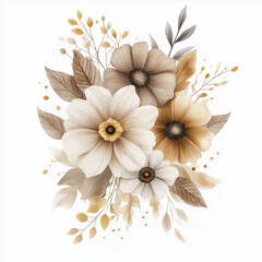 hand draw watercolor realistic bouquet fall flower, white background illustration, light brown and white, muted colors,fall colors flowers