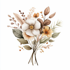 hand draw watercolor realistic bouquet fall flower, white background illustration, light brown and white, muted colors,fall colors flowers