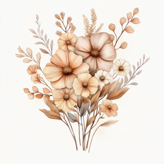 hand draw watercolor realistic bouquet fall flower, white background illustration, light brown and white, muted colors,fall colors flowers