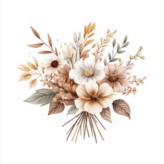 hand draw watercolor realistic bouquet fall flower, white background illustration, light brown and white, muted colors,fall colors flowers