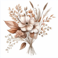 hand draw watercolor realistic bouquet fall flower, white background illustration, light brown and white, muted colors,fall colors flowers