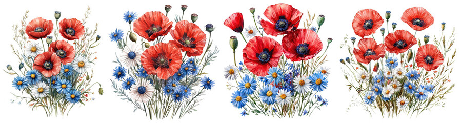 Fototapeta premium Watercolor illustration of floral arrangements featuring red poppies, blue cornflowers Watercolor collection hand drawn Botanical transparent background isolated PNG