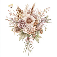 hand draw watercolor realistic bouquet fall flower, white background illustration, light brown and white, muted colors,fall colors flowers