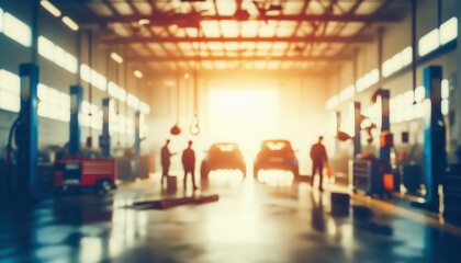 Blurred abstract image of a mechanic service center, featuring vague outlines of cars and tools, creating a soft, dreamlike atmosphere in a car care station background