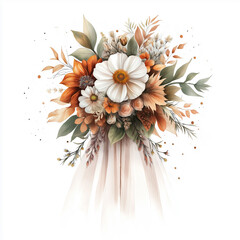hand draw watercolor realistic bouquet fall flower, white background illustration, light brown and white, muted colors,fall colors flowers