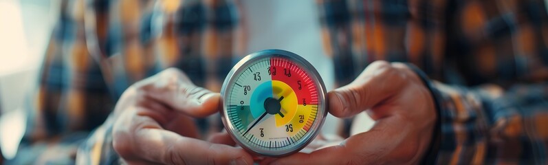 Male hand holding customer emotions satisfaction meter. 