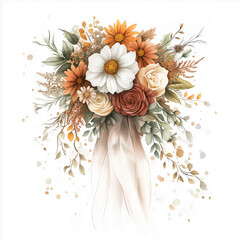 hand draw watercolor realistic bouquet fall flower, white background illustration, light brown and white, muted colors,fall colors flowers