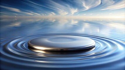 Abstract render of silver disk above water with ripples and reflection, render, abstract, minimal, blue background