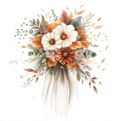 hand draw watercolor realistic bouquet fall flower, white background illustration, light brown and white, muted colors,fall colors flowers