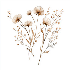 hand draw watercolor realistic bouquet fall flower, white background illustration, light brown and white, muted colors,fall colors flowers