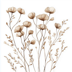 hand draw watercolor realistic bouquet fall flower, white background illustration, light brown and white, muted colors,fall colors flowers