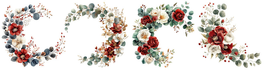 Naklejka premium Watercolor illustration of floral wreaths and garlands featuring red and white flowers with green eucalyptus leaves Watercolor collection hand drawn Botanical transparent background isolated PNG