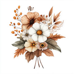 hand draw watercolor realistic bouquet fall flower, white background illustration, light brown and white, muted colors,fall colors flowers