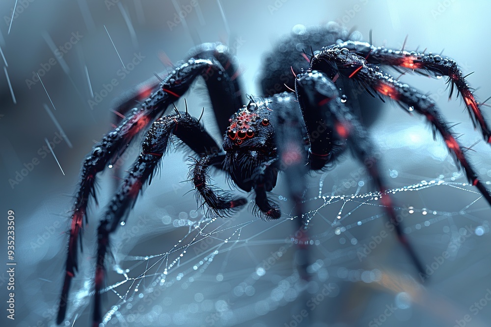 Sticker black spider in web with rain