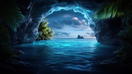 A mysterious cave opening reveals a serene tropical seascape with palm trees and a distant island.  The ocean glows with an ethereal light.