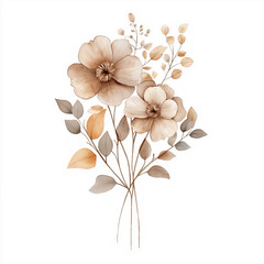 hand draw watercolor realistic bouquet fall flower, white background illustration, light brown and white, muted colors,fall colors flowers