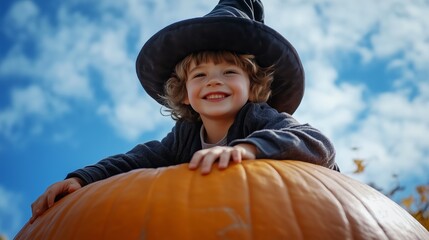 Cute little kid wearing a halloween wizard hat sitting on a giant pumpkin against a blue sky background
