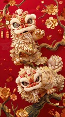 Obraz premium Festive 3D illustration of a traditional Chinese lion dance celebration, symbolizing luck and prosperity during the Lunar New Year