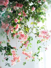 Fototapeta premium A serene illustration of red flowers and green leaves gently placed on a white background, featuring soft light and shadow effects