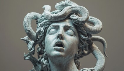 Statue of Medusa with a Snake Crown in a Gloomy, Mystical Setting