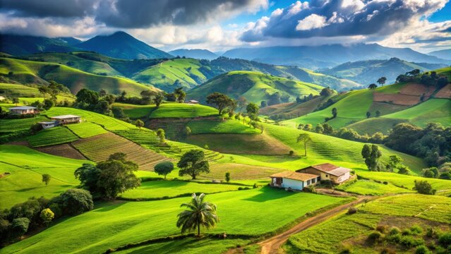 A picturesque agricultural landscape in Tolima featuring lush green fields, rolling hills, and traditional farmhouses