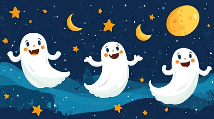 A cheerful Halloween background with smiling ghosts, stars, and moons, leaving space for copy.