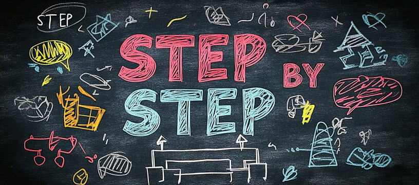 "Step by Step" phrase on a chalkboard with drawings and graphics