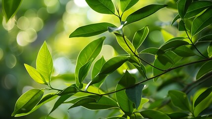 Fototapeta premium Green foliage of a camphor branch or cinnamon camphora on a backdrop of nature