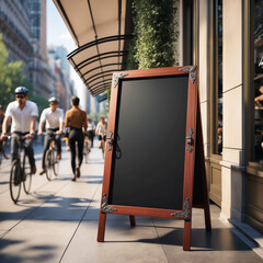 Blank Chalkboard Sign Mockup Placed Outside a Trendy Café in a Bustling City