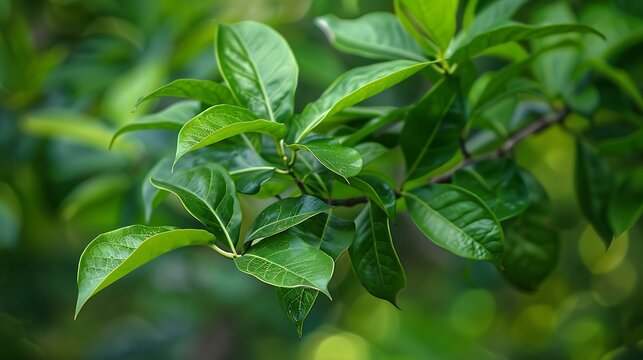 Green foliage of a camphor branch or cinnamon camphora on a backdrop of nature