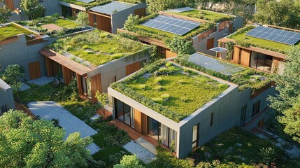 Obraz premium Green Roof Houses with Solar Panels
