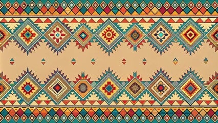 Colorful seamless Aztec pattern with geometric shapes on beige background, Aztec, colorful, seamless, pattern