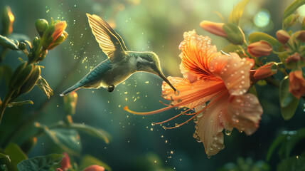 A hummingbird drinks nectar from a flower surrounded by green leaves and dew drops, illuminated by soft sunlight
