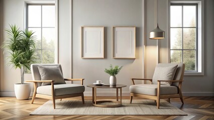 Elegant minimalist living room with two armchairs and blank frames , minimalist, elegant, living room