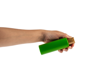 Green shampoo bottle in hand isolated on transparent background
