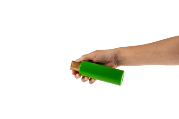 Green shampoo bottle in hand isolated on transparent background