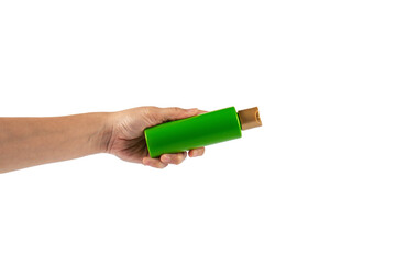 Green shampoo bottle in hand isolated on transparent background