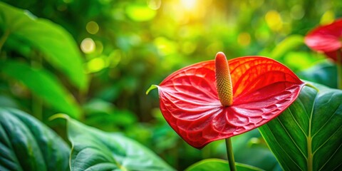 Vibrant Anthurium flowers against a lush green tropical background, Anthurium, flowers, vibrant, red, tropical, leaves, garden
