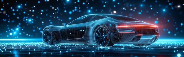 Sleek Futuristic Car in Wireframe on Blue Starry Sky