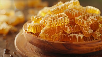 Detailed Honeycomb Pieces in Wooden Bowl Honey Products Concept with Soft Focus Background