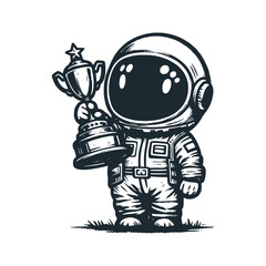 Cute astronaut holding trophy. Black white vector icon and logo illustration.