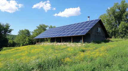 Obraz premium Solar Panel Covered Rustic Cabin in a Field of Wildflowers